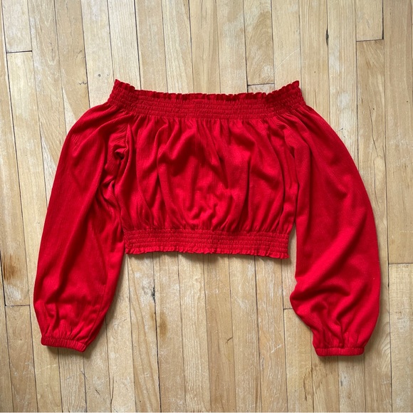 H&M Red Gauze Cottage Milkmaid Off Shoulder Long Sleeve Crop Top Medium - Picture 2 of 4